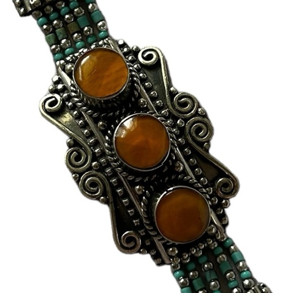 NEW Handmade Tibetan Silver with Genuine Coral & Turquoise Bracelet. - Picture 2 of 9